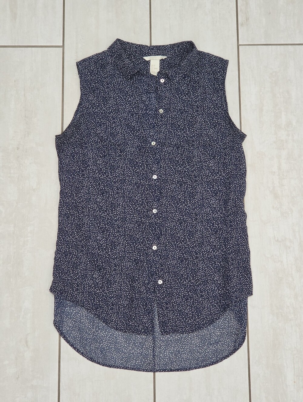 H&M Summer Navy Blue Pearl Button Sheer Sleeveless Polka Dot Tank Top Blouse